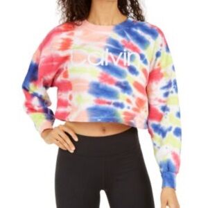 Calvin Klein Women's Performance Logo Cropped Sweatshirt Tie Dye Sz M Rainbow